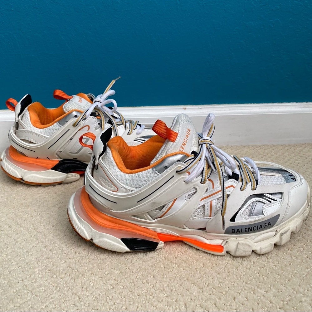 Balenciaga Track Sneakers in Orange white and black.